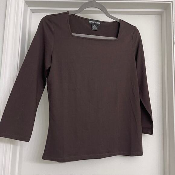 Magaschoni Square Neck Silk 3/4 Sleeve Blouse Brown Casual Minimalist Basic Sz S - Picture 2 of 5
